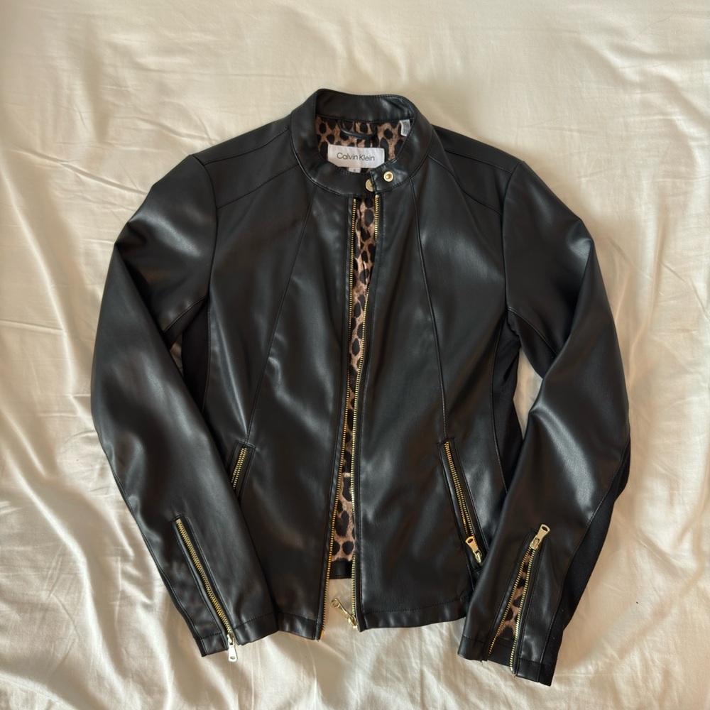 Calvin Klein Black Leather Jacket with Animal Print Lining